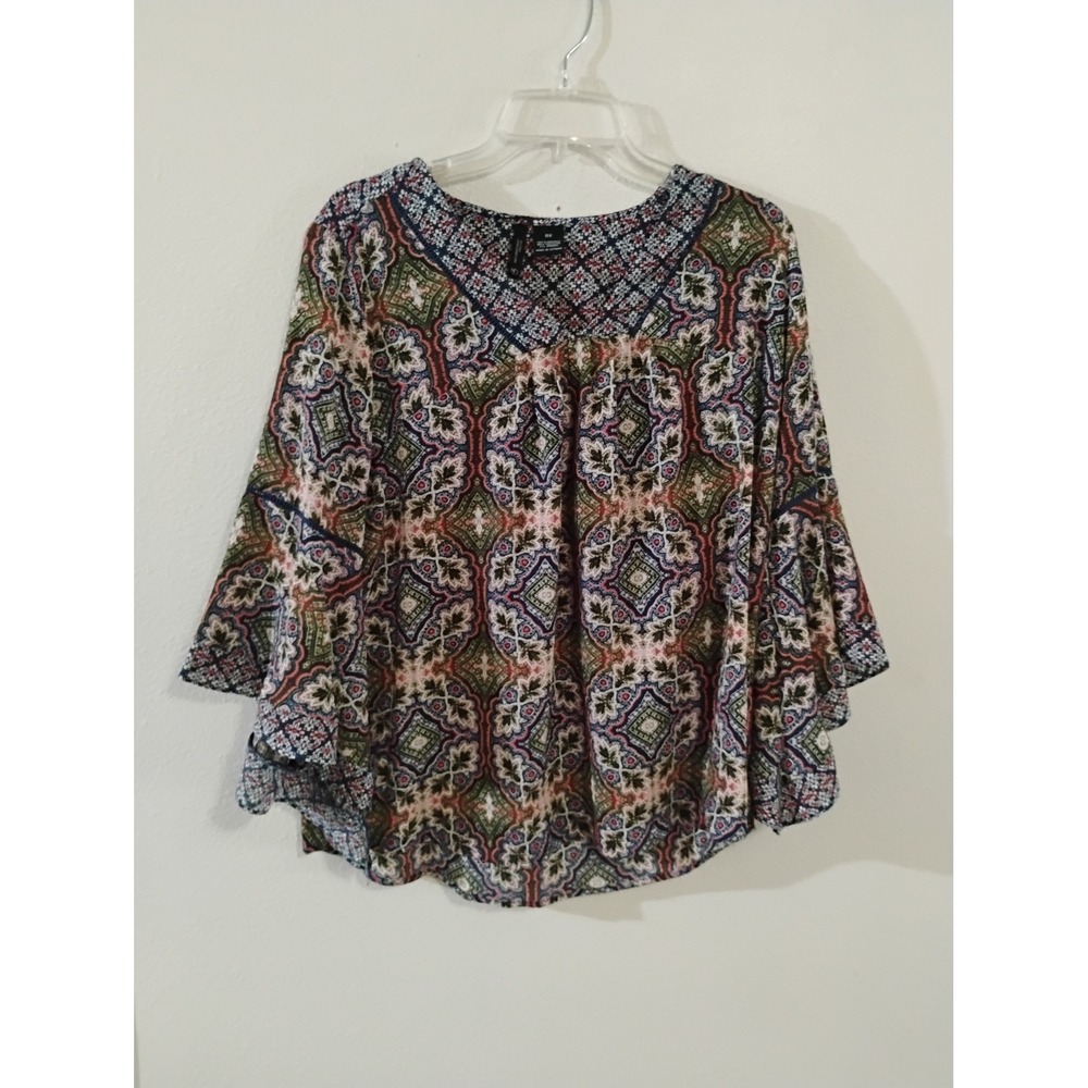 New Directions Woman Paisley Medallion Bell Sleeve Blouse Multi-Color Plus 0X